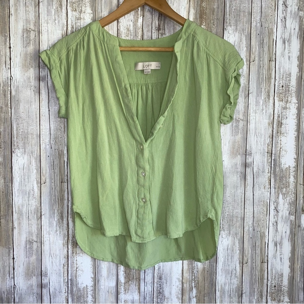 Loft Green Linen Blend High-Low Button Down - Picture 1 of 5